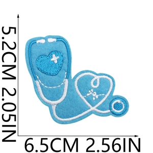 Detail of blue heart stethoscope embroidery patch with precise size measurements