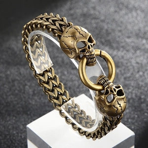 Men's retro punk skull titanium steel bracelet with woven chain links in antique bronze