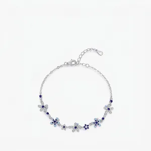 Blue Flower Bracelet 925 Sterling Silver Gradient Cubic Zirconia Elegant Jewelry For Women With Adjustable Chain