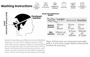 Size guide and washing instructions for denim beret with head circumference measurement chart