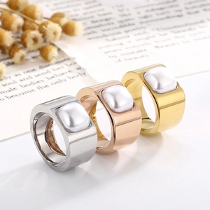 Wide Band Ring Stainless Steel White Mother Of Artificial Pearl Square Geometric French Style Fashion Jewelry For Women