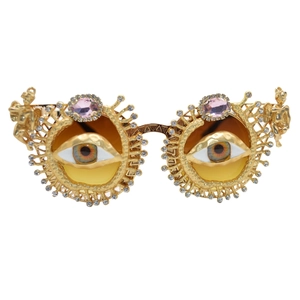 Baroque retro evil eye sunglasses with gold frame, pink crystals and yellow gradient lenses