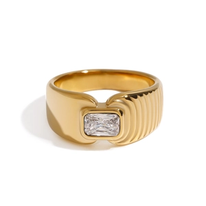 Rectangular Zircon Inset Ring 18K Gold Plated Stainless Steel Ribbed Geometric Texture Vintage Modern Jewelry Women