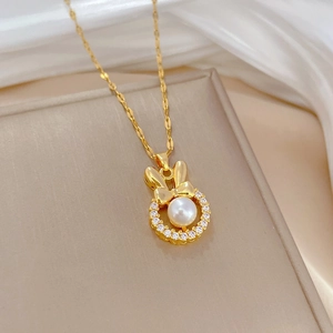 Titanium steel rabbit ear pendant necklace with white pearl and sparkling crystals