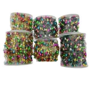 Detail view of multi-colored Christmas bead chains in six separate bundles for festive decor