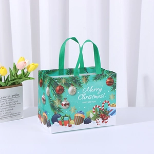 Green Christmas non-woven gift bag with festive holiday patterns and handles