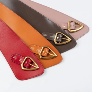 Genuine leather wide waist belts in red orange brown and pink with golden triangle buckles
