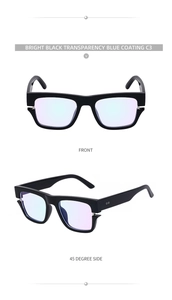 Detailed front and side view of bright black square frames with blue coating lenses