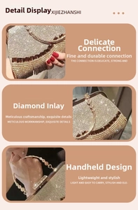 Detail view of luxury evening bag with white and gold rhinestones and tassel decoration