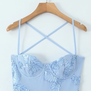 Robe corset bleu clair avec broderie florale 3D sur tissu mesh pour un look chic