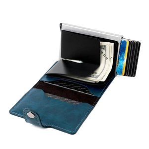 Detailed view of the open RFID blocking wallet with card slots and a pop-up metal case