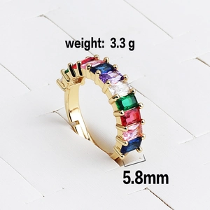 Close-up of 5.8mm rainbow zircon open ring in gold finish weighing 3.3g on white base