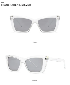 Front and 45-degree side views of retro square sunglasses with clear frames and silver lenses