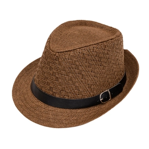 Men's brown straw Fedora hat with black leather band and metal buckle for sun protection