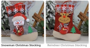 Détail de chaussettes de Noël en feutre avec bonhomme de neige et renne en 3D