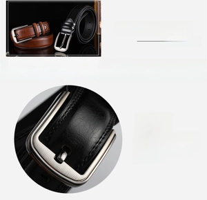 Detail of alloy pin buckle and leather texture for men's casual brown and black belt