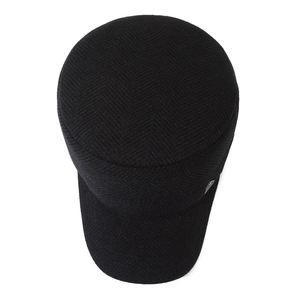 Men's winter thick herringbone flat top hat with ear protection in black fabric