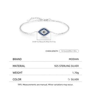 S925 sterling silver evil eye bracelet with blue crystals and adjustable chain for women