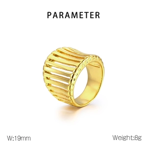 Detailed parameter view of 19mm wide hollow vertical stripe 18K gold plated ring