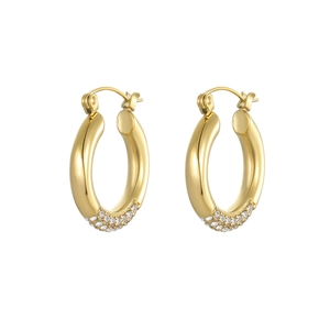 Elegant gold-plated hoop earrings featuring micro-pave white zircon stones on white background