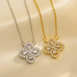 Elegant Clover Pendant Necklace Titanium Steel With Sparkling Cubic Zirconia Hollow Design Jewelry For Women Fashionable