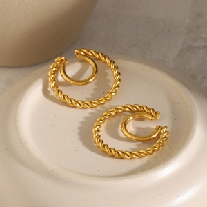 18k gold plated stainless steel double hoop ear cuff featuring a twisted rope texture