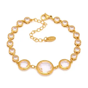 Detailed view of gold stainless steel bracelet showing Czech glass stones and measurements