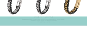 Detail of woven black leather men's bracelets with metallic gold and silver steel chains