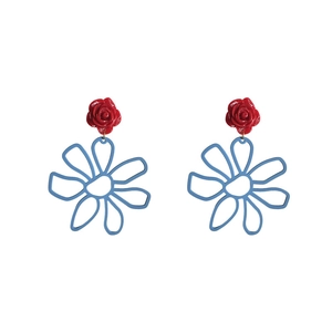 Elegant floral resin drop earrings featuring red roses and blue hollow petals