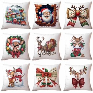 Christmas Cushion Cover Pillowcase Soft Short Plush Digital Printed Cartoon Reindeer Snowman Watercolor Holiday Decorative