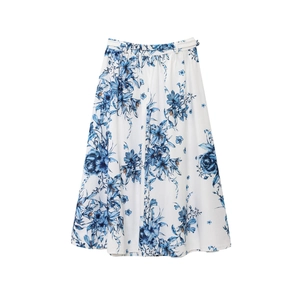 Women's blue floral midi skirt with matching belt, white background flat lay display