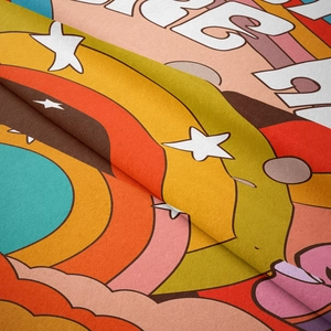 Close-up of retro pop art tapestry fabric with soft texture and rainbow patterns