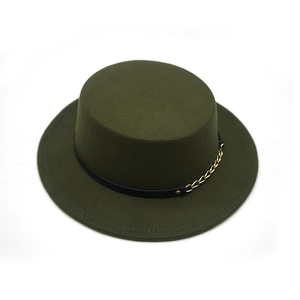 Detailed view of the dark green felt boater hat with a black leather band and gold chain