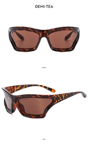 Front and side view of trendy irregular geometric sunglasses in demi-tea tortoiseshell finish