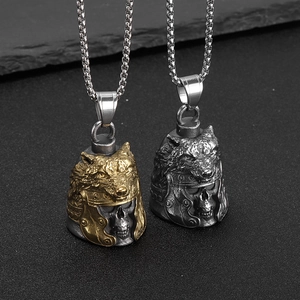 Vintage Biker Punk Gothic Wolf Head Helmet Skull Bell Pendant Necklace Stainless Steel Gold Plated Jewelry For Men