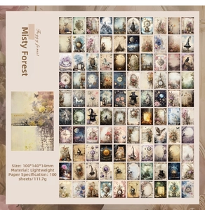 Detailed grid layout of 100 vintage foggy forest paper sheets for scrapbooking DIY art
