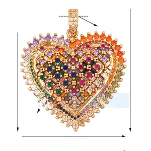 Detailed view of large gold-plated heart pendant with rainbow zircon measurements 36x44mm