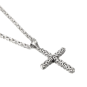 Polished silver stainless steel Byzantine chain necklace with a vintage cross pendant
