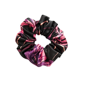 Black floral satin scrunchie with purple leaf patterns for Christmas ponytail styling