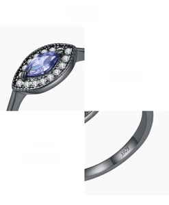Detail of S925 sterling silver ring featuring a blue marquise zircon and inner stamp