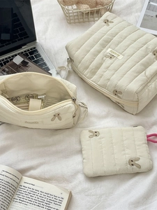 Quilted cotton cosmetic bag set with cute rabbit embroidery and zipper closure