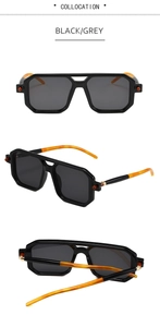 Three-view layout of black square sunglasses with amber tortoise shell temples and metal decor