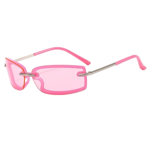 Futuristic pink Y2K square sunglasses with frameless lenses and silver metal temples