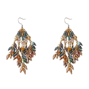 Vintage bohemian beaded tassel earrings with iridescent glass and golden hooks
