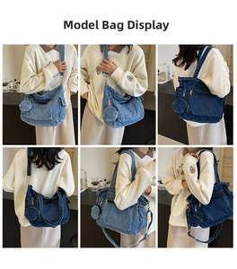 Multiple views showing the spacious denim hobo bag with mini pouch and adjustable strap