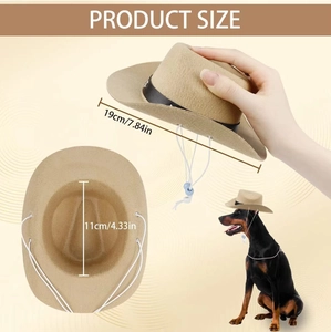 Detailed size chart for khaki felt dog cowboy hat with dimensions and fit on a Doberman