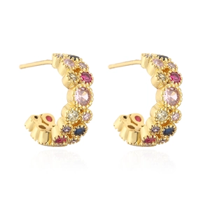 Detail of 18K gold plated C-shaped earrings with vibrant multi-color zircon stones