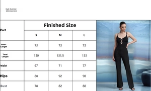 Detailed size chart for the slim fit cutout jumpsuit with rhinestone embellishments