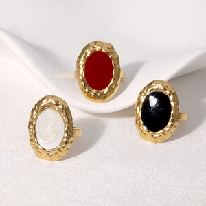 Vintage French Style Oval Enamel Ring Gold Plated Stainless Steel Hammered Texture Adjustable Open Jewelry For Women