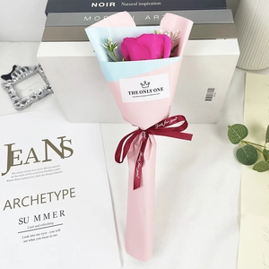 Detailed view of pink soap rose bouquet with Just for you ribbon and luxury wrap